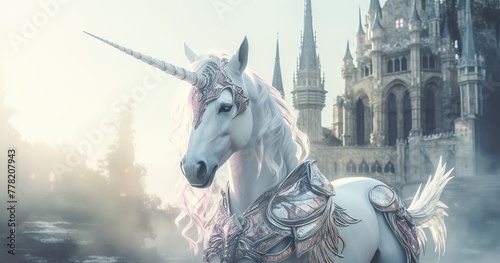 Sci-fi fantasy photography, beautirful white unicorn facing camera, minimalistic background