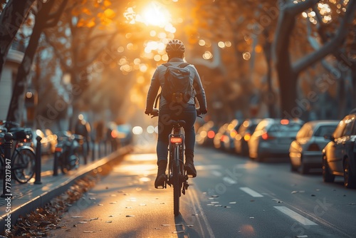 The golden hour lights up a cyclist's path through an urban lane strewn with autumn leaves, reflecting a serene commute in the city's twilight. AI Generated