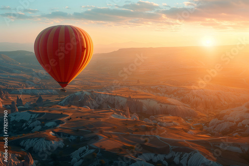 A serene sunrise with warm hues sets the backdrop for a hot air balloon ride over Cappadocia's valleys. AI Generated
