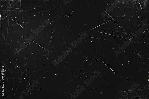 Vintage Grunge Black Background with White Texture and Starry Night Sky, Photorealistic Film Grain Effect