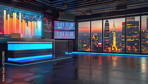 Financial and Business Talk Show Studio: A professional set with a sleek desk, financial charts on screens, and a backdrop featuring a city skyline or stock market graphics