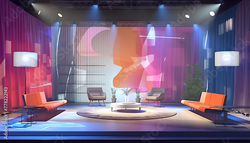 Fashion Runway Talk Show Set: A glamorous set resembling a fashion runway, with stylish furniture, lighting effects, and a backdrop featuring fashion show visuals