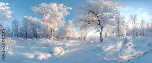 Panoramic view of a winter landscape with snow covered trees. Background snow forest. High quality