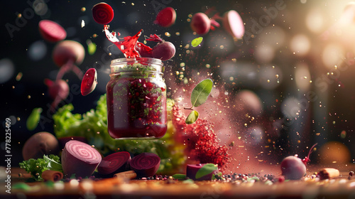 A jar of sauce in mid-air, accompanied by flying beets and an assortment of spices