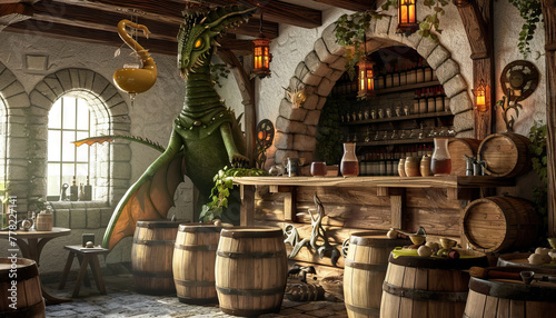 Fantasy Tavern Inn: A fantasy tavern set with medieval decor, ale barrels, and mythical creatures for fantasy role-playing shows