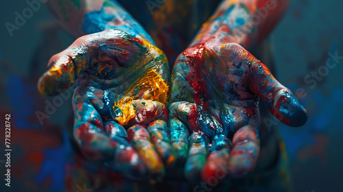 Artist's hands covered in paint, close-up, chaotic colors, embodying the fusion of realism and expressionism