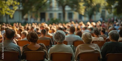 A crowd of people attending a lecture outdoors in a style that merges elegance, emotive faces, bokeh panorama, and candid moments captured.