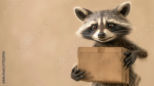 Energetic Raccoon Courier, a picture of an animated raccoon in a courier outfit, displaying enthusiasm while holding a delivery package