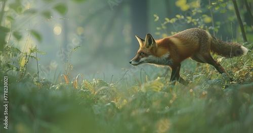 wildlife photo of a red fox trotting through forest undergrowth in spring dawn mist narrow dof