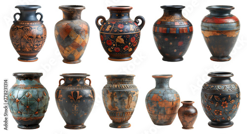 Antique greek vases set PNG. Ancient Greek vase PNG. Ancient jug isolated. Amphora vase PNG. Pithos vase PNG. Pelike jug PNG