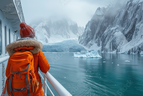 A cruise ship passenger enjoying a view of glaciers and icebergs in a polar region