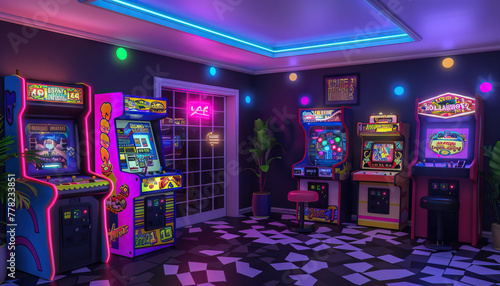 Retro Gaming Arcade: An arcade-themed set with vintage arcade games, neon lights, and retro decor for gaming shows