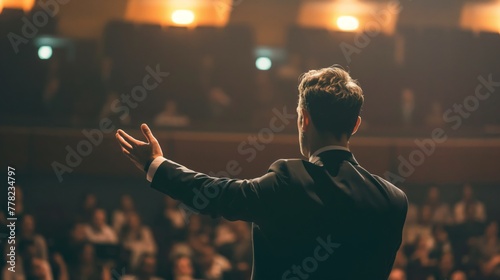Back view of a confident businessman giving a motivational speech to an attentive audience in a conference hall