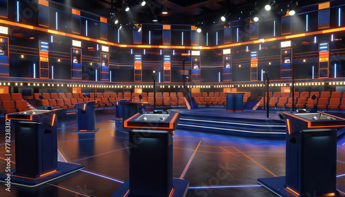Game Show Set: An elaborate game show set with podiums, buzzers, and a large audience area, ready for contestants to compete