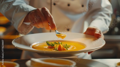 Generative AI : close up of male chef with flower serving plate of pumpkin cream soup at restaurant kitchen