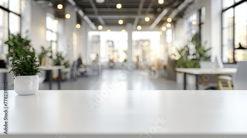 Empty beautiful table top counter foreground and blur bokeh modern office