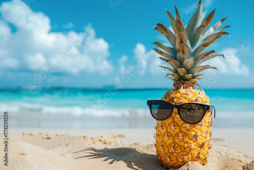 Pineapple standing on sandy beach wearing black sunglasses. The sea is in the background. The concept of summer holiday at sea in exotic places