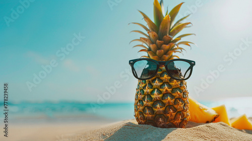 Pineapple standing on sandy beach wearing black sunglasses. The sea is in the background. The concept of summer holiday at sea in exotic places