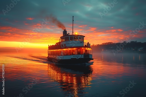 A tranquil harbor scene at dawn, with a traditional ferryboat navigating calm waters, passengers savoring the serenity of the early morning as they disembark