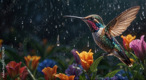 Hummingbird in the garden with flowers and raindrops. Wildlife scene from the tropic jungle. Hummingbirds in the natural habitat. Wildlife scene from Tropic Jungle