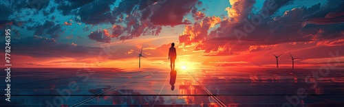 Alternative energy sources like solar panels and wind turbines against a vibrant sunset sky, hopeful and inspiring