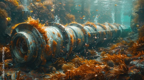 Artistic depiction of a tidal energy turbine underwater, with seaweed and fish swimming around