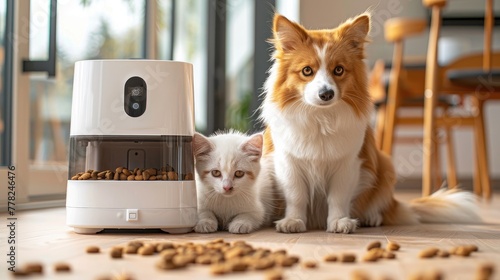 Automated pet feeder dispensing food for cats and dogs, happy pets waiting to be fed