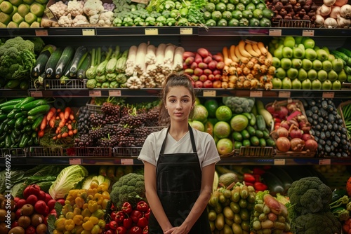 A female saleswoman in an apron standing in front of a colorful array of fresh fruits and vegetables at a market