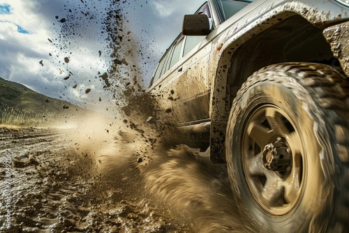 A rugged truck maneuvers through muddy terrain on a dirt road, kicking up dust and mud in its wake