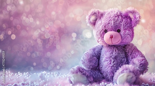 Soft purple teddy bear, clean watercolor painting background, plush comfort, gentle smile