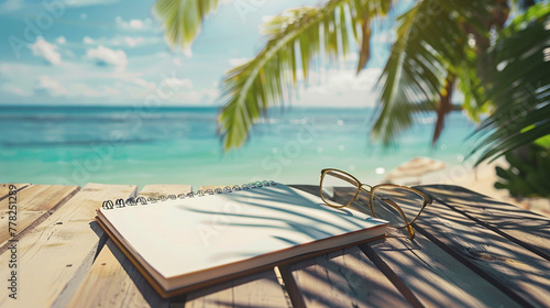 Work and rest. Photo of notepad lying on the sand. The beach and sea are visible on the background