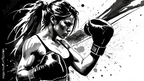 Illustration of a female boxer during a fight in the ring. A woman practicing martial arts.