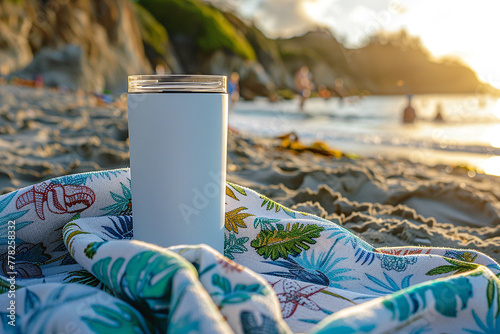 Close-up photo of white thermal mug sitting on beach towel. On the background there is sea, beach, sun and blue sky.