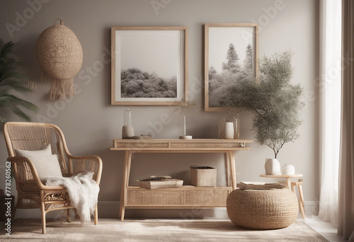 Mock up frame in home interior with rattan furniture Scandi-boho style 3d render