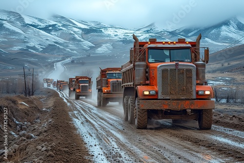 A convoy of flatbed trucks hauling construction equipment to a new building site, dust swirling in their wake