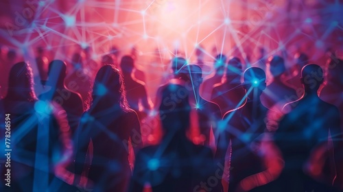 A group of people are shown in a crowded room with a lot of lines connecting them. Concept of chaos and disorganization, as the people are all connected in a web-like pattern