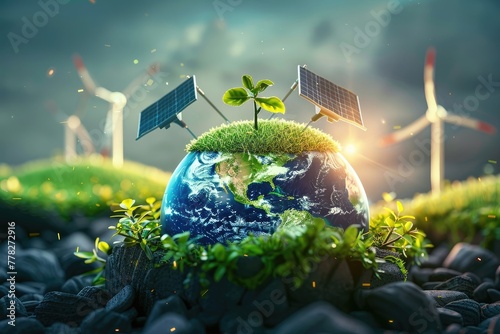 Sustainable Earth: Renewable Energy Concept with Solar Panels and Wind Turbines