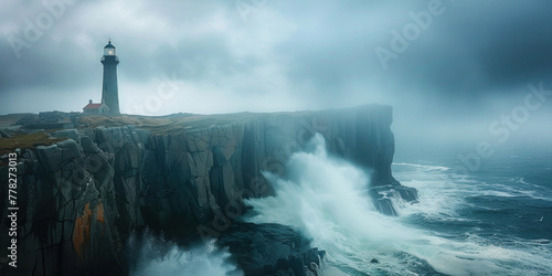 Majestic lighthouse perched on rugged cliff overlooking turbulent waves crashing against the shore
