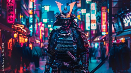 Samurai, dressed in armor, holding a shining sword in his hands against the background of a Japanese cityscape