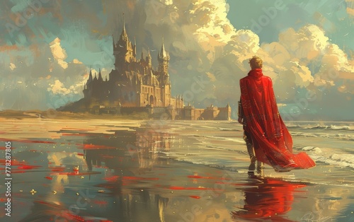 The regal monarch strolled along the sandy shore, the majestic spires of his castle looming in the distance.