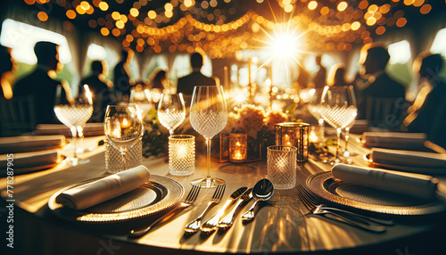 An elegantly set wedding table bathed in a warm, inviting ambiance. The setting sun pours a golden glow into the room, accentuating the glasses filled.png