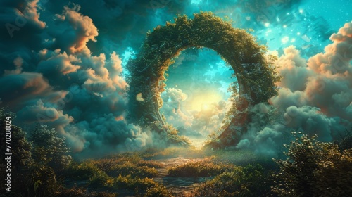 A mysterious portal archway, cloaked in vines, leads to a realm of magic and wonder.