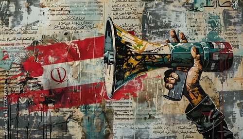 Iconic mixed media artwork fuses graffiti, grunge elements, & paintings depicting hand holding women's struggle megaphone & urban Middle Eastern flag, a vibrant street art fusion
