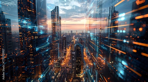 Futuristic Cityscape at Sunrise and Sunset with Digital Network, To convey a sense of the future and the role of technology in shaping our cities
