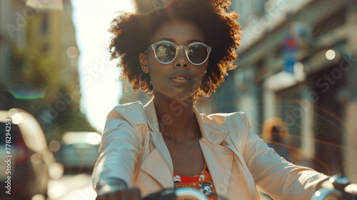 Vibrant young woman with stylish afro riding a bicycle on a city street, radiating freedom and urban flair