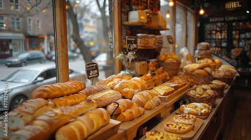 A beautiful bakery shop with freshly baked , offering a wide variety of bread and pastries to choose from.