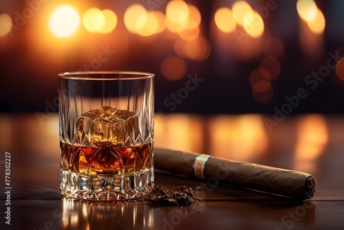 A glass with whiskey and a cigar next to it on a beautiful wooden table with a beautiful background 
