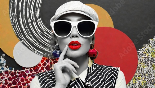  90s collage in modernist style combining abstract and colourful visual elements, red lipstick, fashion manifesto and rock beauty. Black and white woman posing with sunglasses 