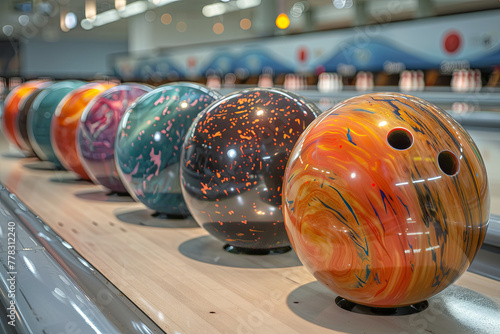Image of tenpin bowling balls in different sizes and colours at bowling centre