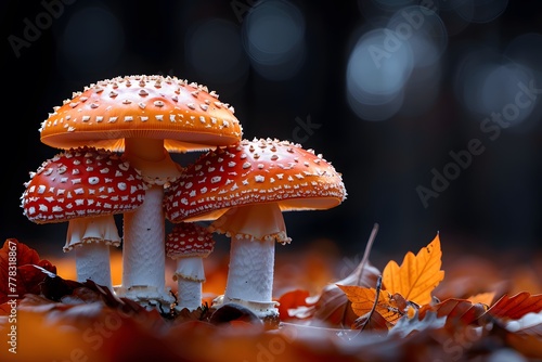 Cluster of Mushrooms Resting on Leaf-Covered Ground